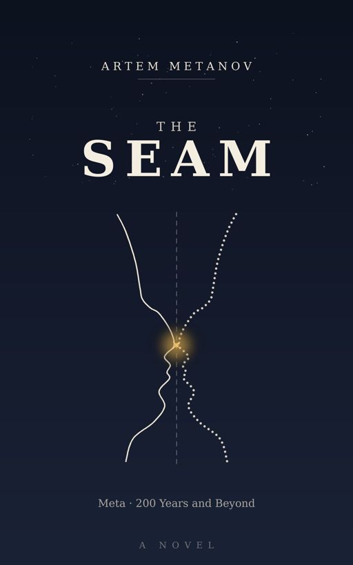 The Seam — book cover: two profiles meeting at a glowing seam of light